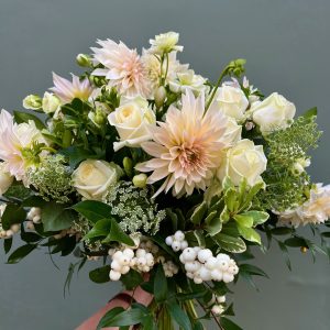 Photo showing a sample of a seasonal dahlia bouquet available to order for delivery or collection from Kensington flowers London